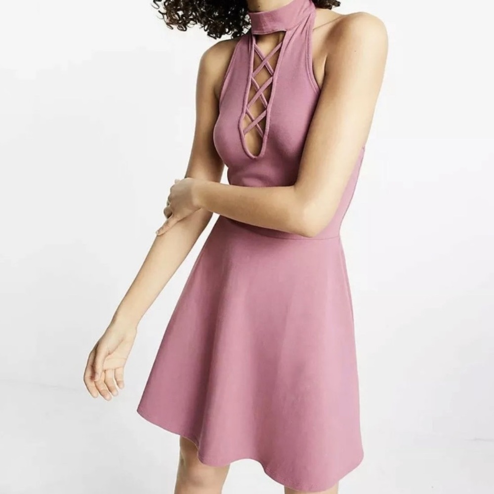 NEW Express pink lace up choker flare dress